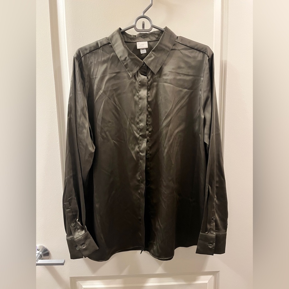A new day Satin Olive Green Button Down